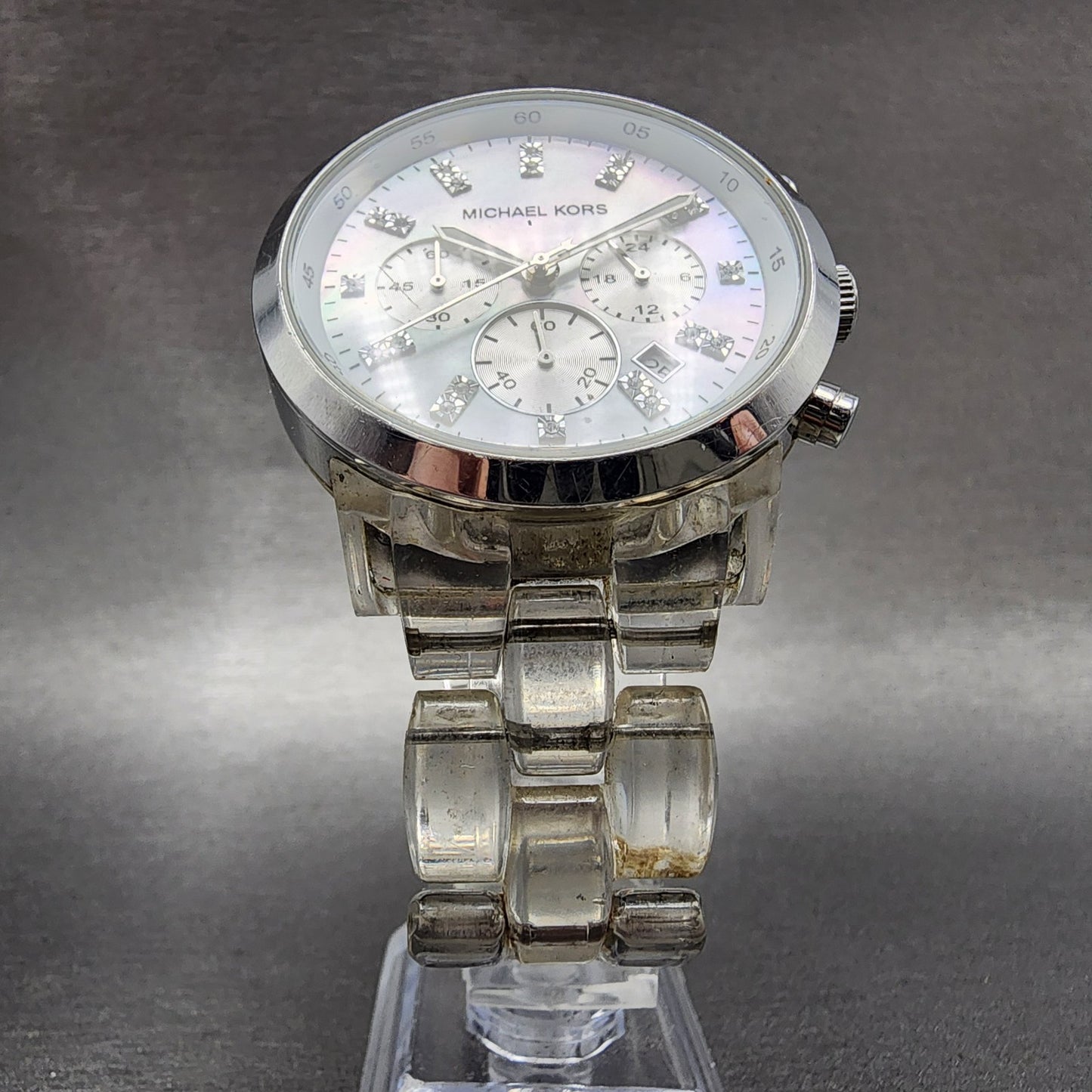 Michael Kors Chronograph Watch Women 43mm MOP Dial Clear Case MK5235 New Battery5