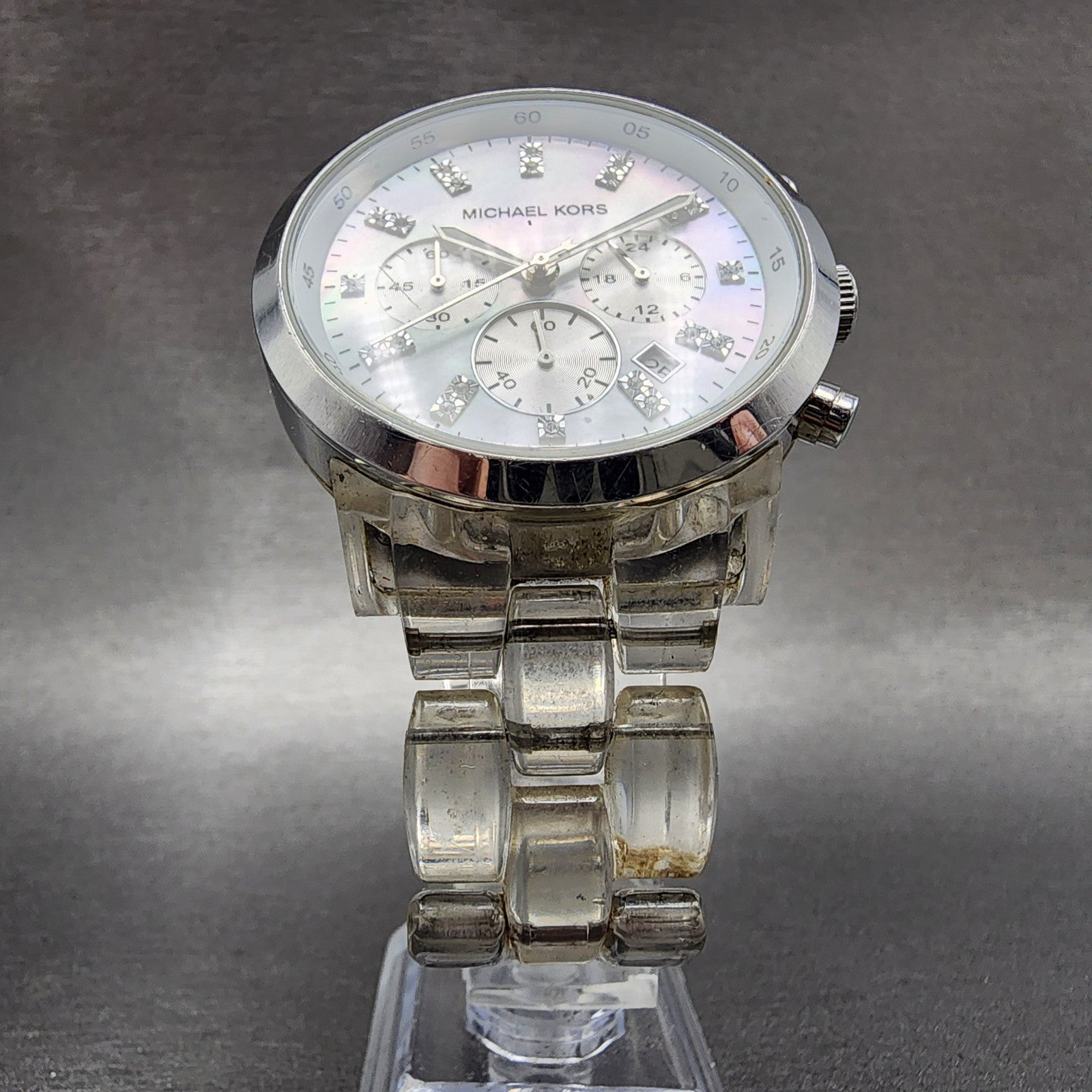 Michael Kors Chronograph Watch Women 43mm MOP Dial Clear Case MK5235 New Battery5