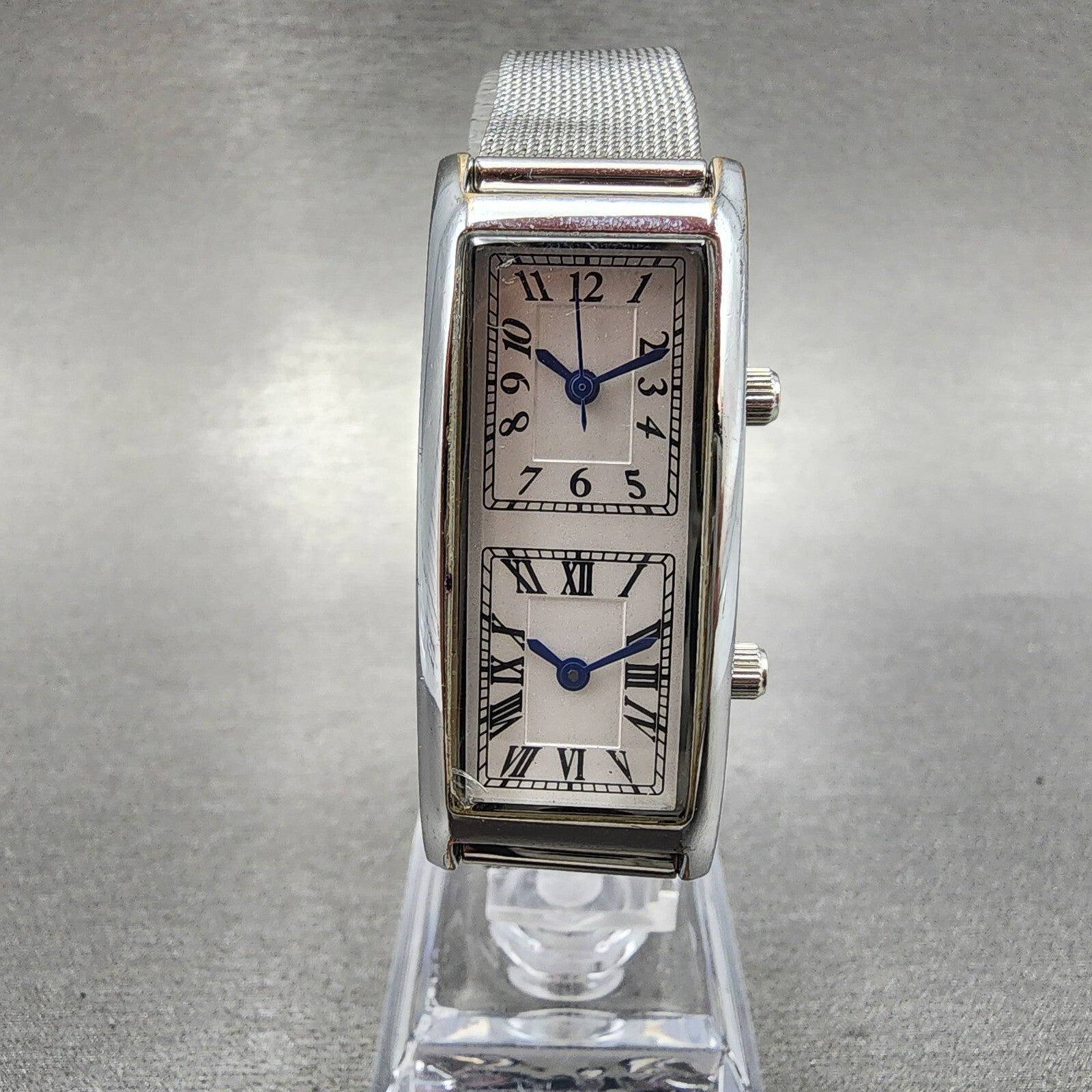 ANA Dual Time Tank Watch Women 19mm White Dial Steel Rectangle Mesh Band New Bat0