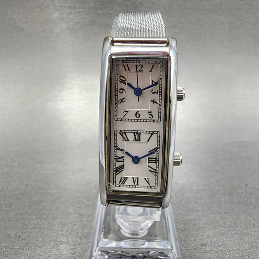 ANA Dual Time Tank Watch Women 19mm White Dial Steel Rectangle Mesh Band New Bat0