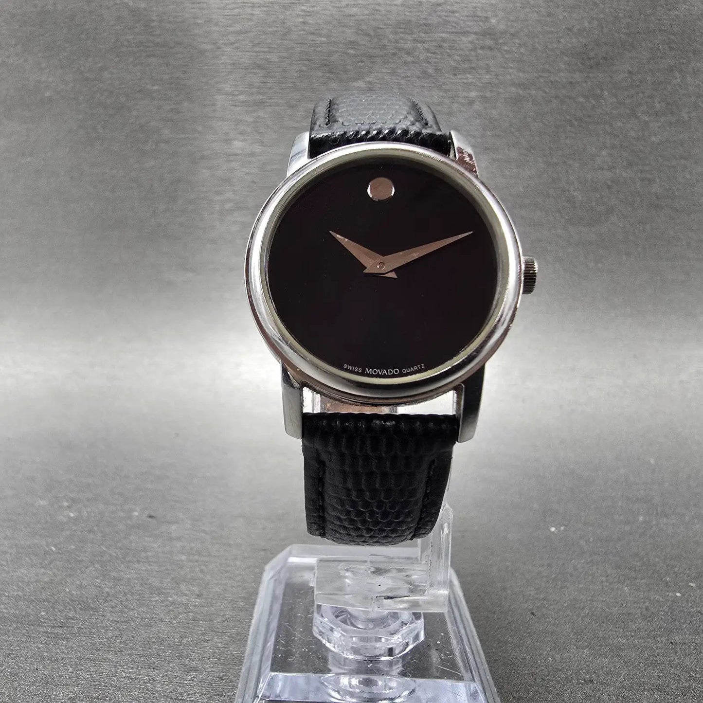 Movado Museum Watch Men 39mm Black Dial Steel Round Leather 2100002 New BatteryJ5