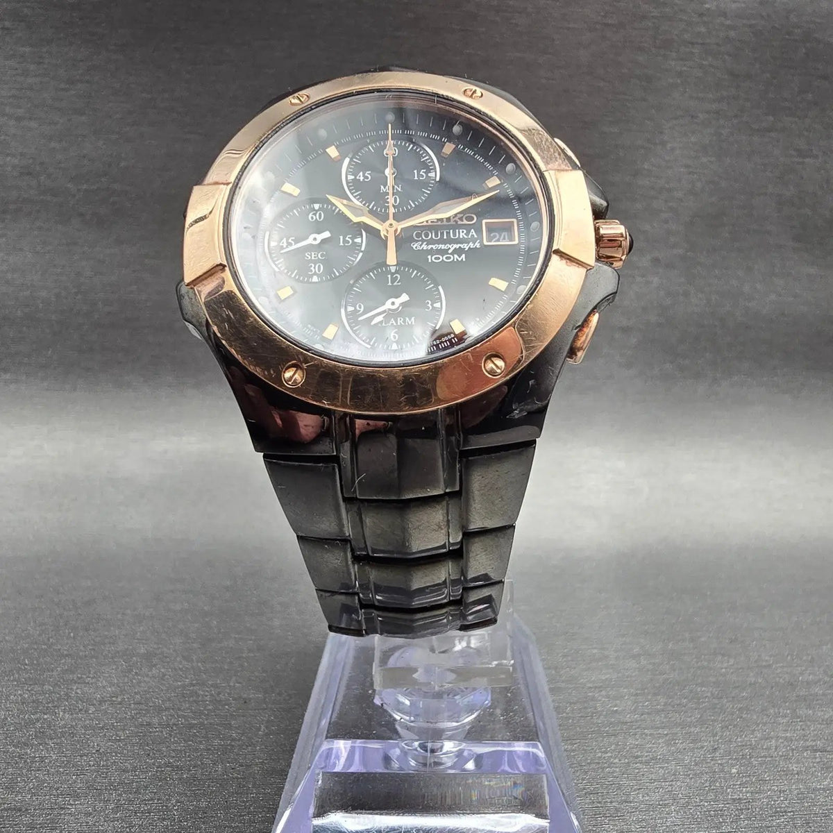 Seiko Coutura Watch Men 40mm Black Dial Two Tone Chrono Date 7T62-0FA0 New Batt5