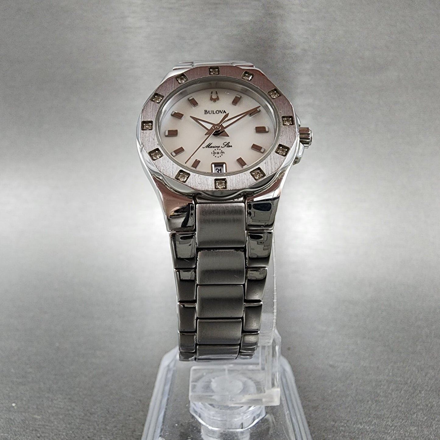 Bulova Marine Star Watch Women 25mm MOP Dial Silver Tone Date 96r24 New Battery5
