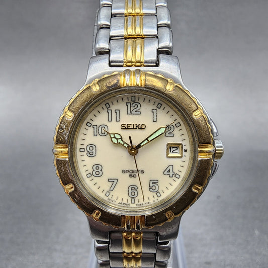Seiko Sports 50 Watch Women 27mm Cream Dial Two Tone Date 7n82-0499 New Battery