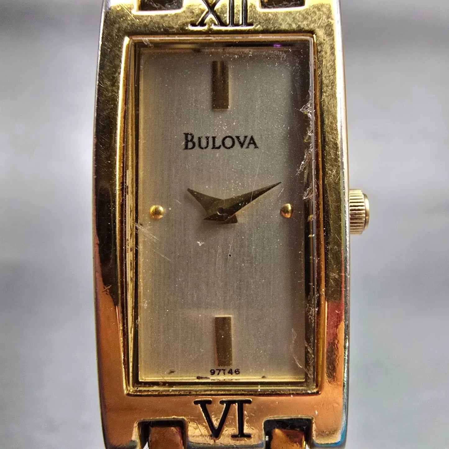 Bulova Watch Women 15mm Champagne Dial Gold Tone Rectangle New Battery 97T461