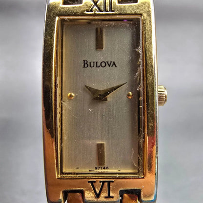 Bulova Watch Women 15mm Champagne Dial Gold Tone Rectangle New Battery 97T461