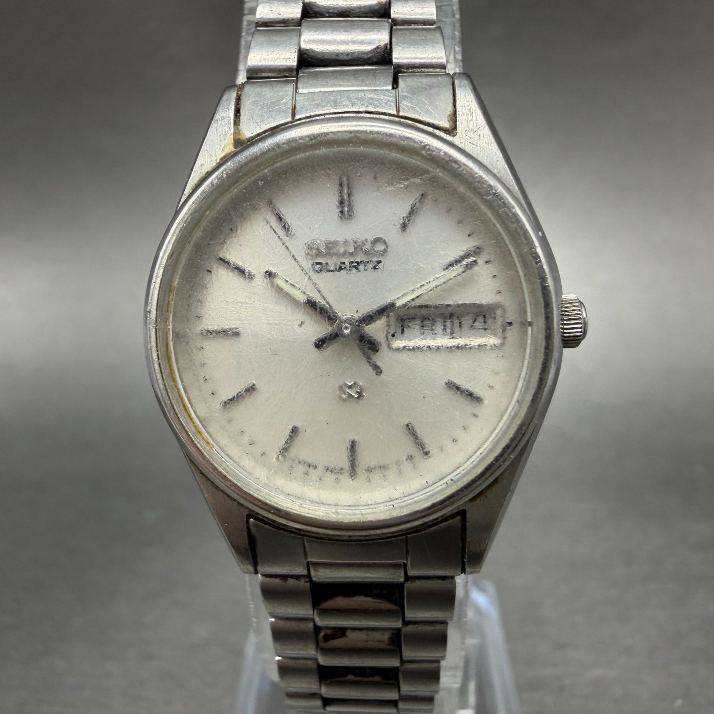 Seiko SQ Watch Women 24mm Silver Dial Silver Tone Daydate Round 3423-0099 NewBat0