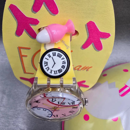 Swatch Special Eggsdream Watch Men 34mm Pink Dial Clear Case GZ128 New Batt NOS2