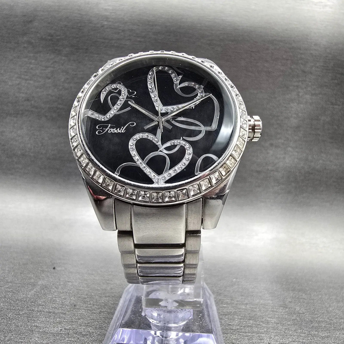 Fossil F2 Watch Women 40mm Black Dial Silver Tone Gemmed ES-1951 New Battery5