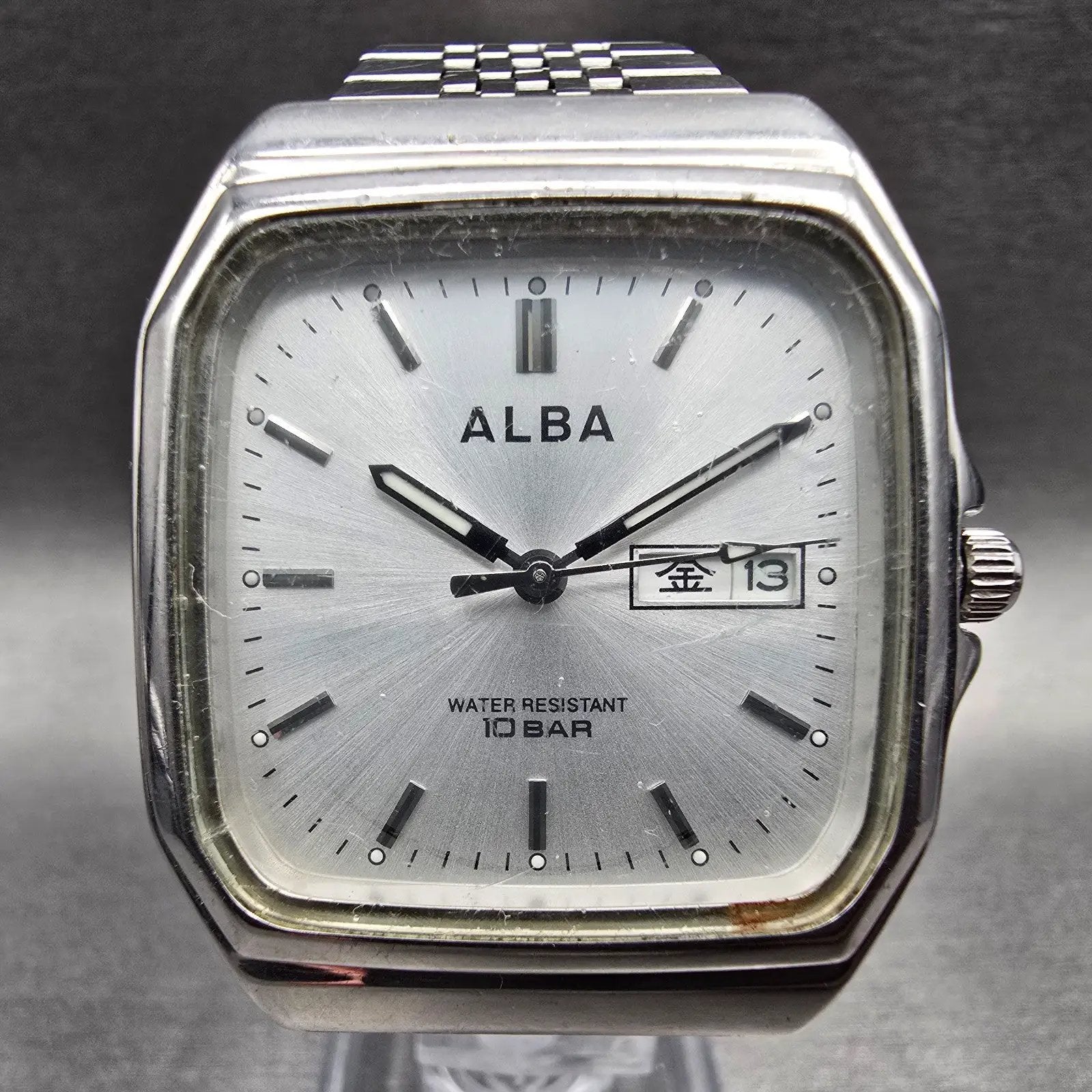 Seiko Alba Watch Men 32mm Silver Dial Silver Tone Daydate 7N33-K003 New Battery1