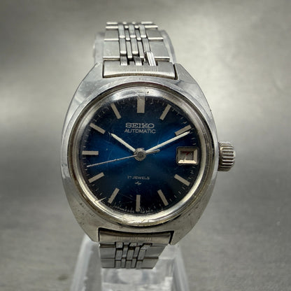 Seiko Automatic Watch Women 24mm Blue Dial Silver Tone Date 2205-0050 Runs VTG0