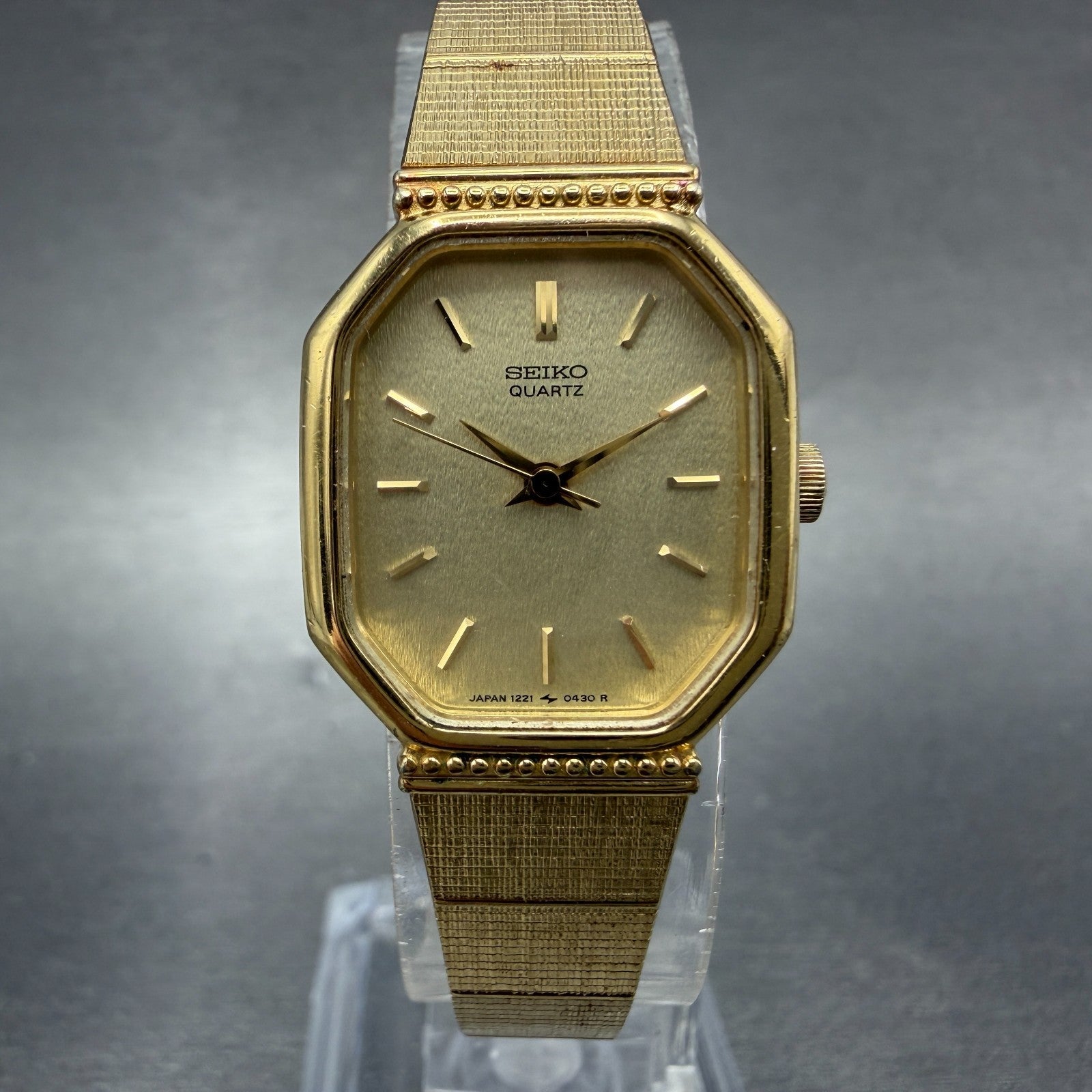 Seiko Watch Women 20mm Champagne Dial Gold Tone Octagon 1221-5270 New Battery0