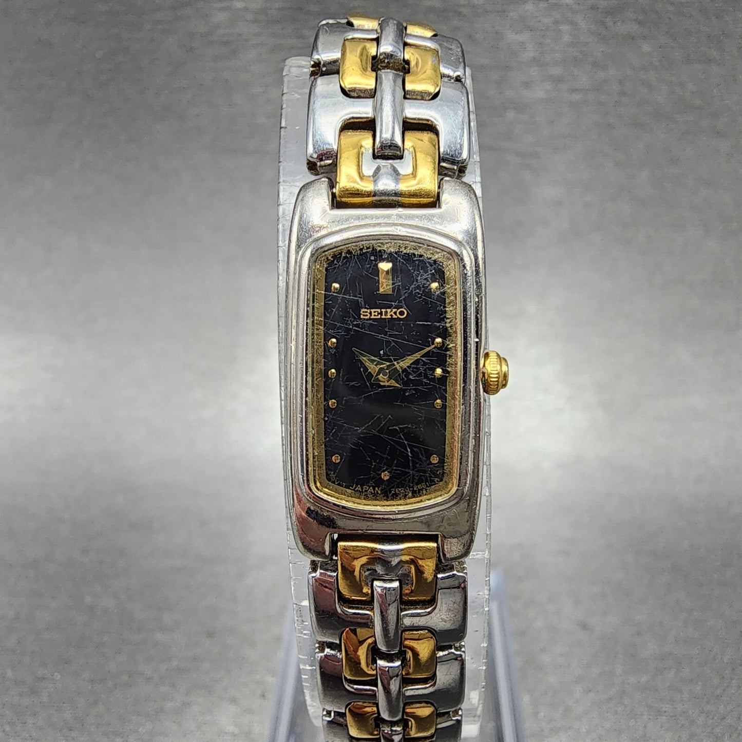 Seiko Watch Women 14mm Black Dial Two Tone Rectangle 2E207289 New Battery0