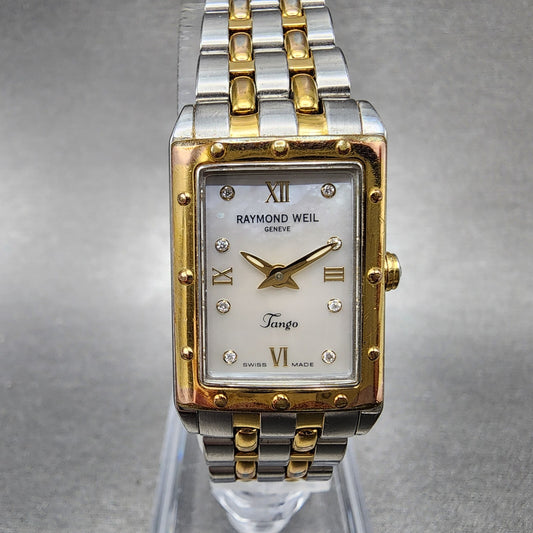 Raymond Weil Tango Tank Watch Women 19mm MOP Dial Two Tone Rectangle New Battery0