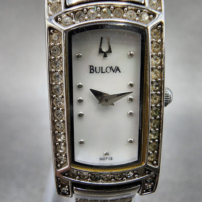 Bulova Tank Watch Women 15mm MOP Dial Silver Tone Crystal Accent 96T13 New Batt1