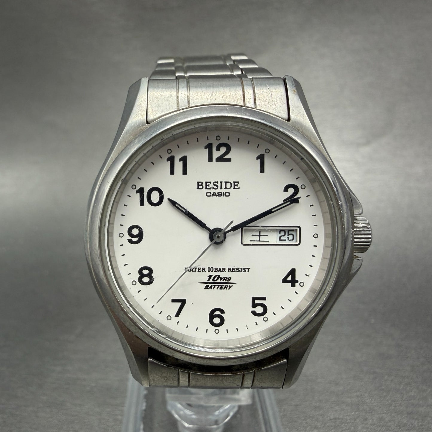 Casio Beside Watch Men 35mm Silver Dial Steel Daydate Round BES-105 New Battery0