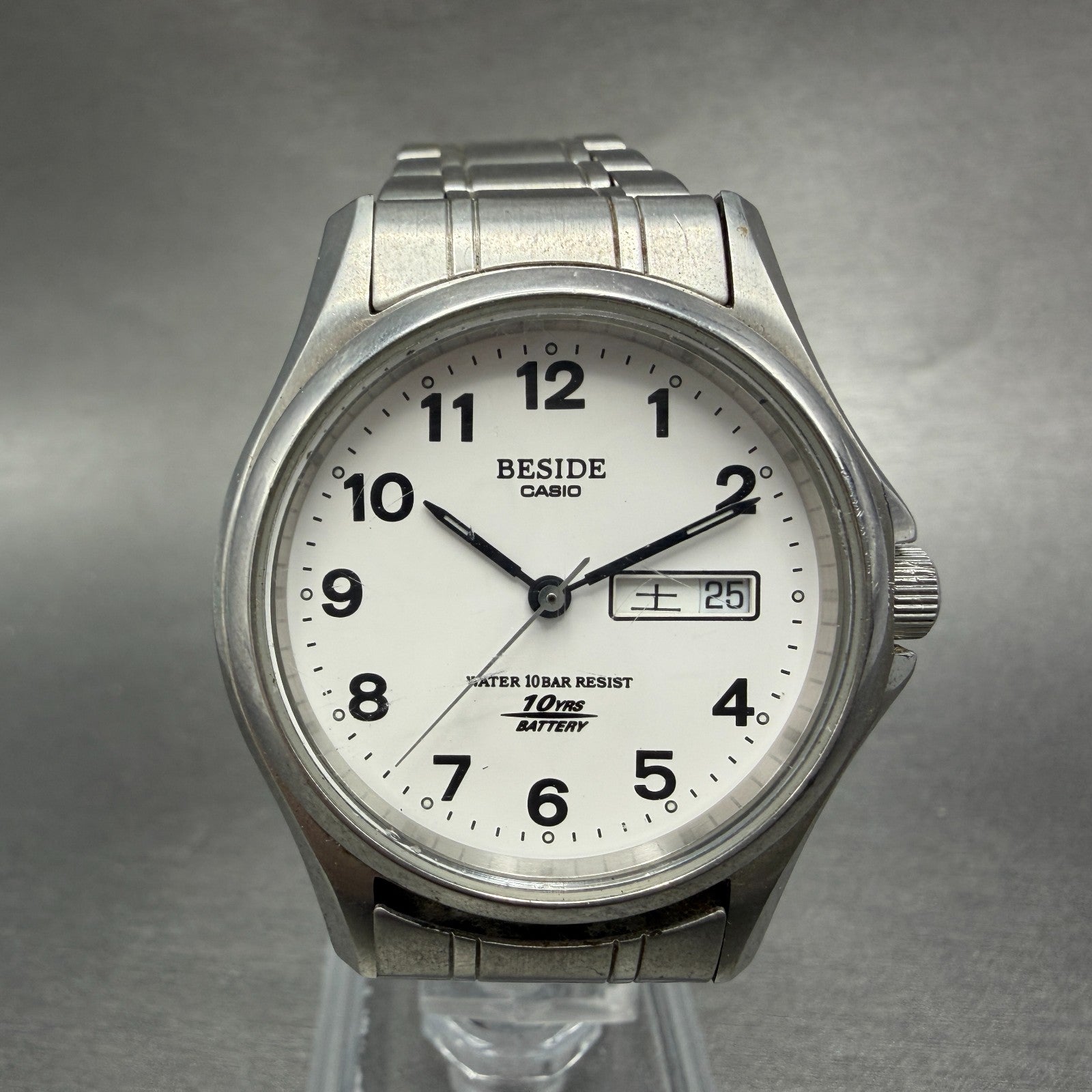 Casio Beside Watch Men 35mm Silver Dial Steel Daydate Round BES-105 New Battery0