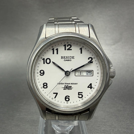 Casio Beside Watch Men 35mm Silver Dial Steel Daydate Round BES-105 New Battery0
