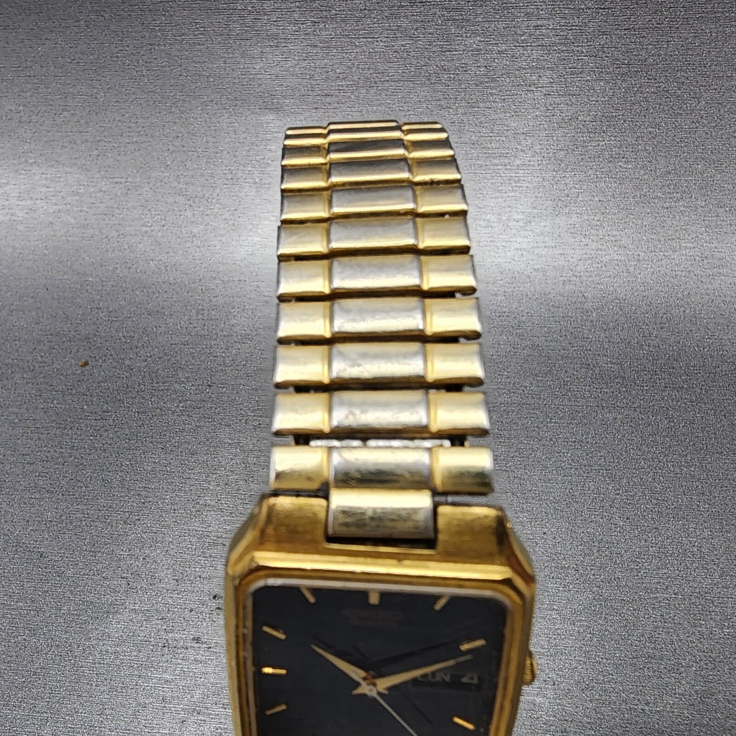 Seiko Tank Watch Men 28mm Black Dial Gold Tone Rectangle Daydate 7N33-5028 PARTS