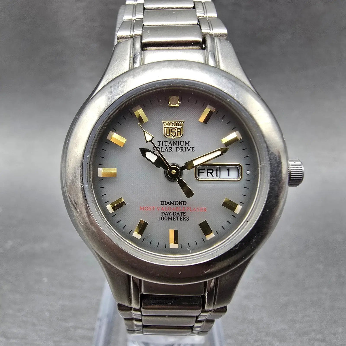 Elgin Solar Watch Women 29mm Gray Dial Titanium Daydate Round FK-1202 Works0