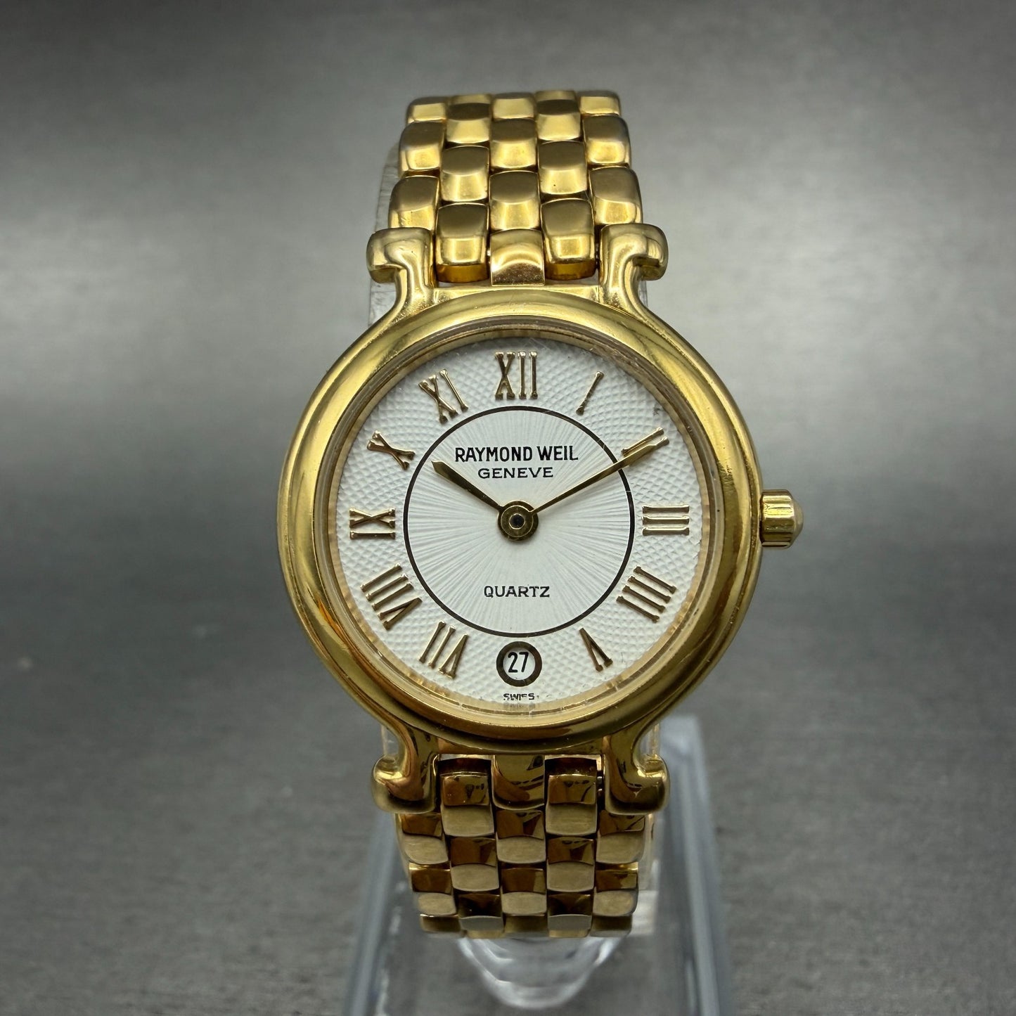 Raymond Weil Watch Women 24mm White Dial Gold Plated Date 9937 New Battery0