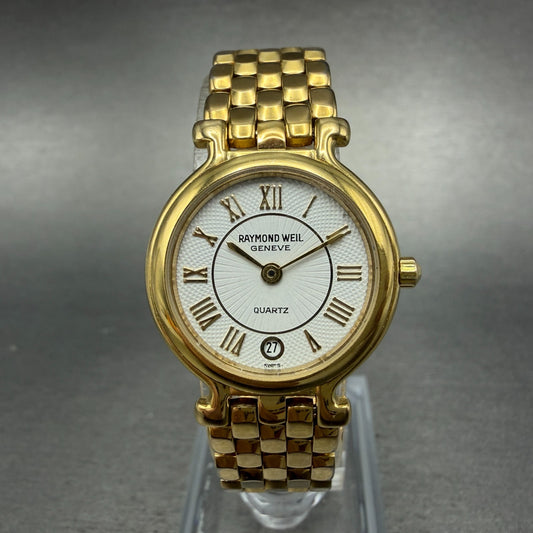 Raymond Weil Watch Women 24mm White Dial Gold Plated Date 9937 New Battery0