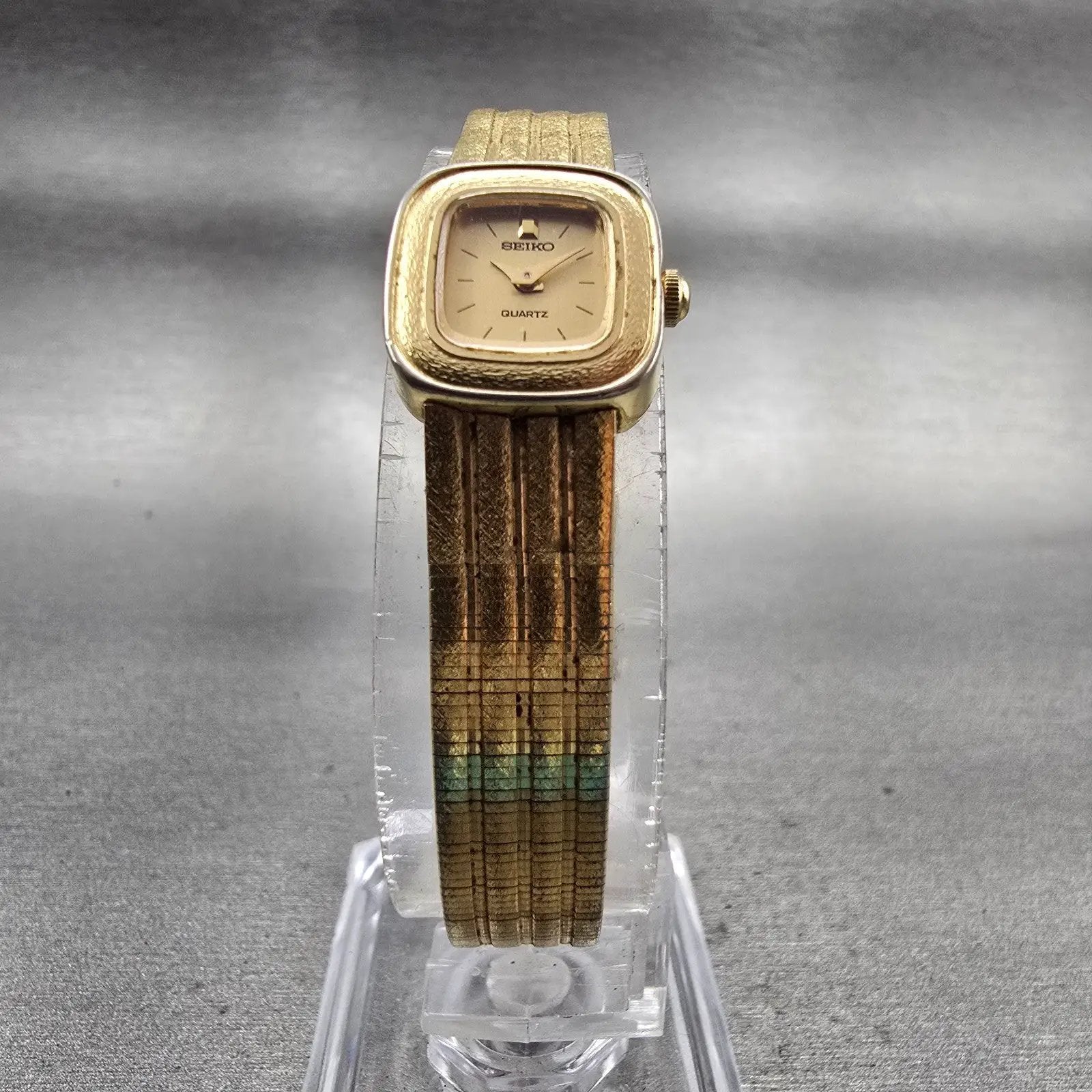 Seiko Watch Women 14mm Gold Dial Gold Tone Rectangle 1E20-5180 New Battery VTG5