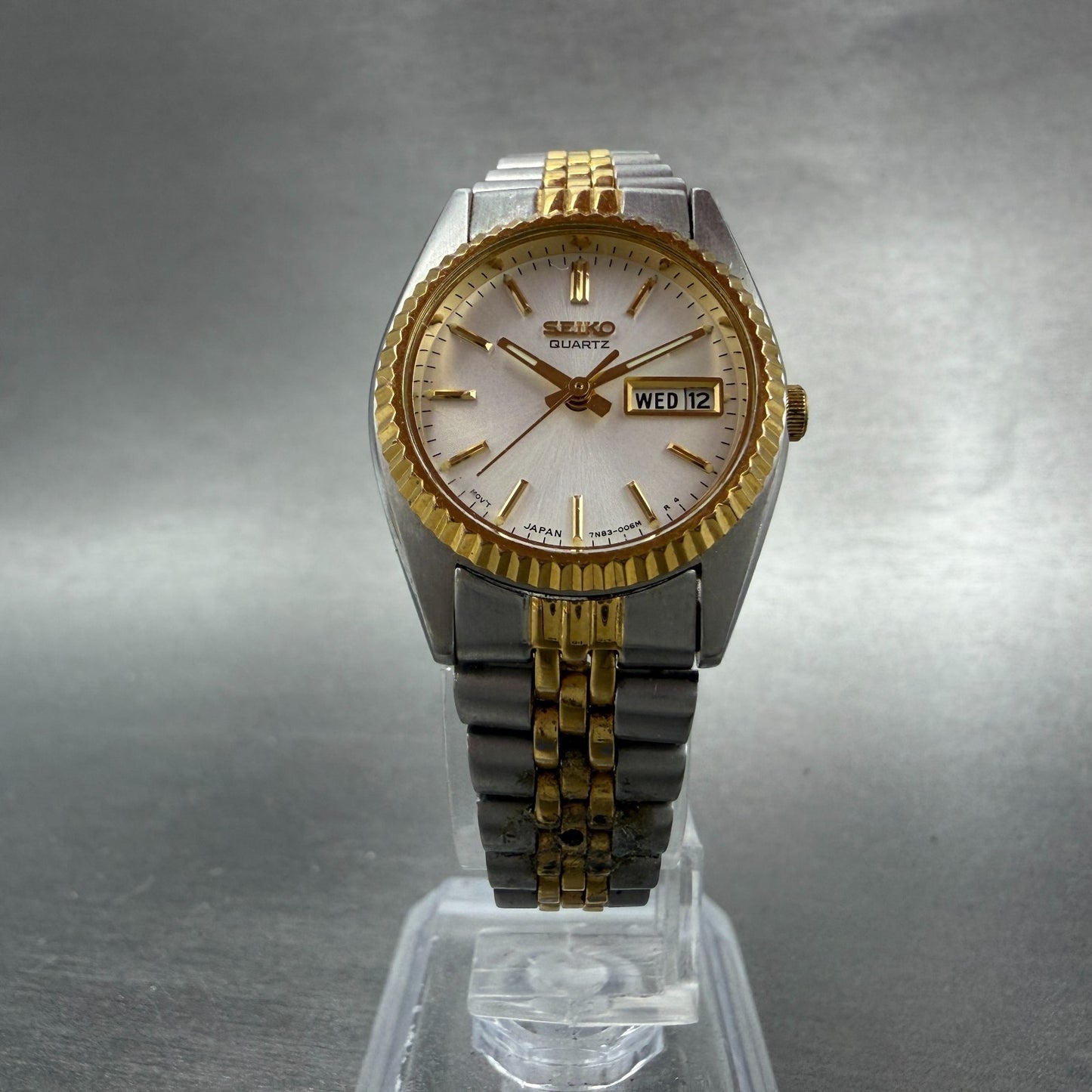 Seiko Watch Women 25mm White Dial Two Tone Daydate Round 7n83-0041 New Batt HJ85