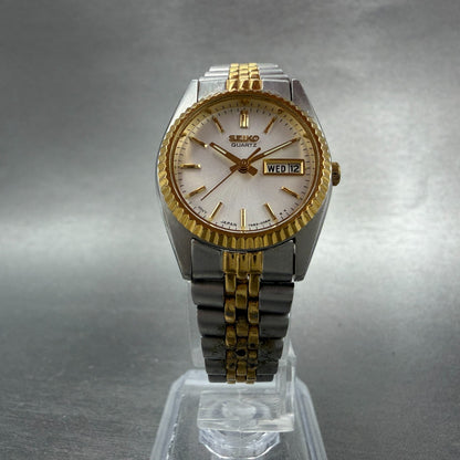Seiko Watch Women 25mm White Dial Two Tone Daydate Round 7n83-0041 New Batt HJ85