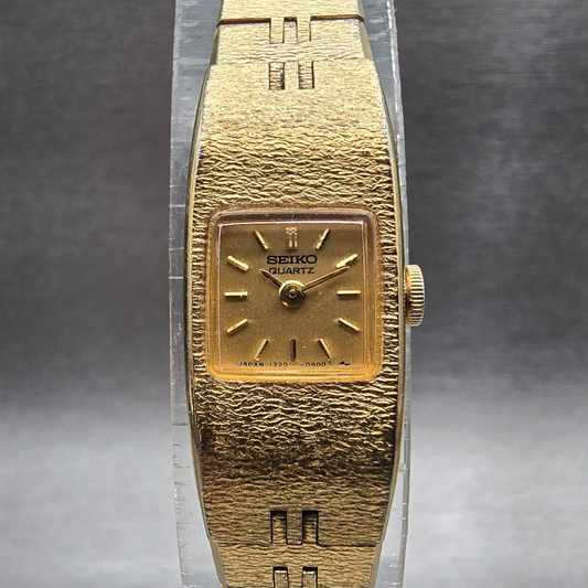 Seiko Tank Watch Women 12mm Gold Dial Gold Tone Rectangle 1320-5619 New Battery0