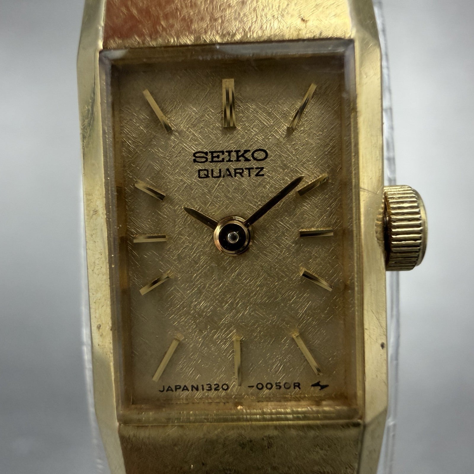 Seiko Watch Women 12mm Gold Dial Gold Tone Rectangle 1320-5049 New Battery VTG1