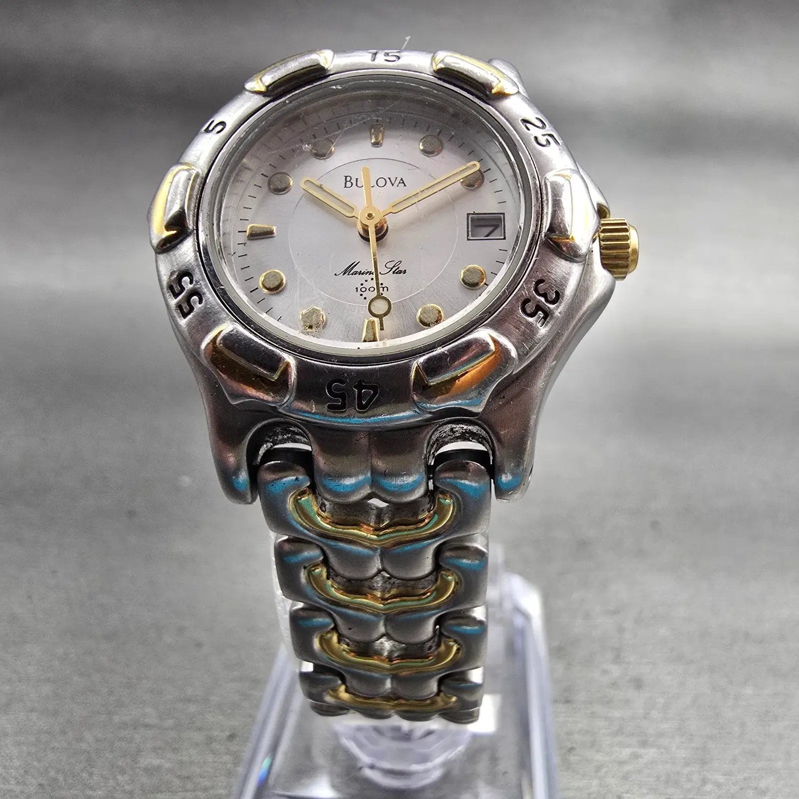 Bulova Marine Star Watch Women 27mm Silver Dial Two Tone Date 98M39 New Battery5