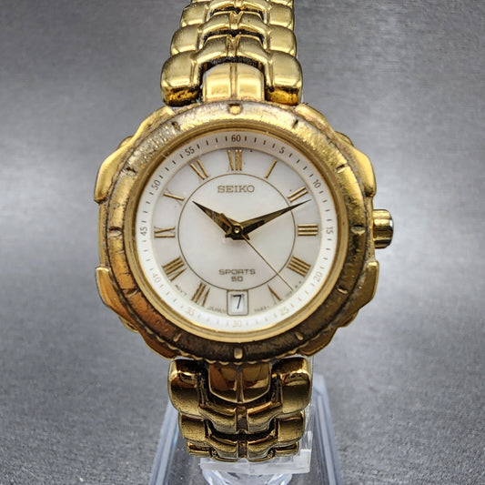 Seiko Sports 50 Watch Women 27mm MOP Dial Gold Tone Date 7n820479 New Battery0