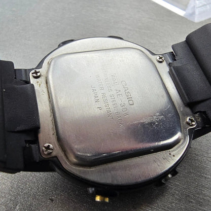 Casio AE-30W Watch Men 38mm Black Alarm Chronograph Round New battery VTG9