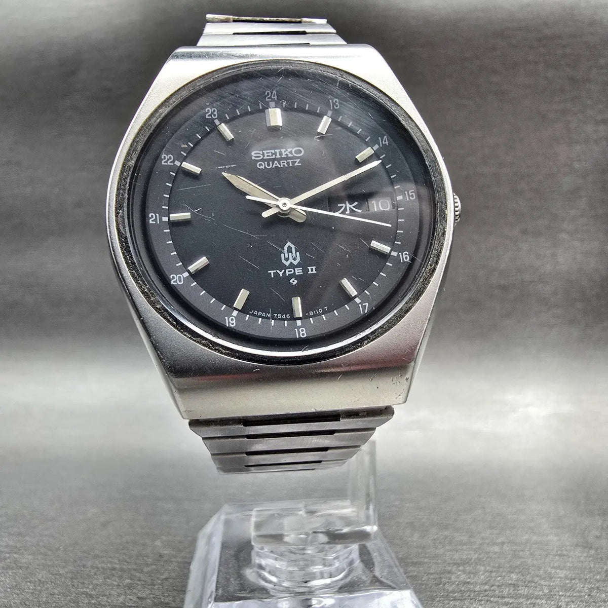 Seiko Type II Watch Men 36mm Black Dial Silver Tone Daydate 7546-8090 New Batt5