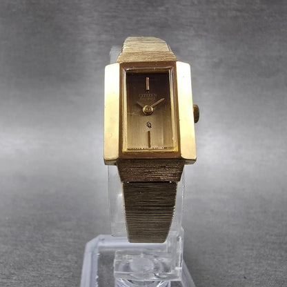Citizen CQ Tank Watch Women 16mm Brown Dial Gold Tone 4-832931 New Battery VTG5