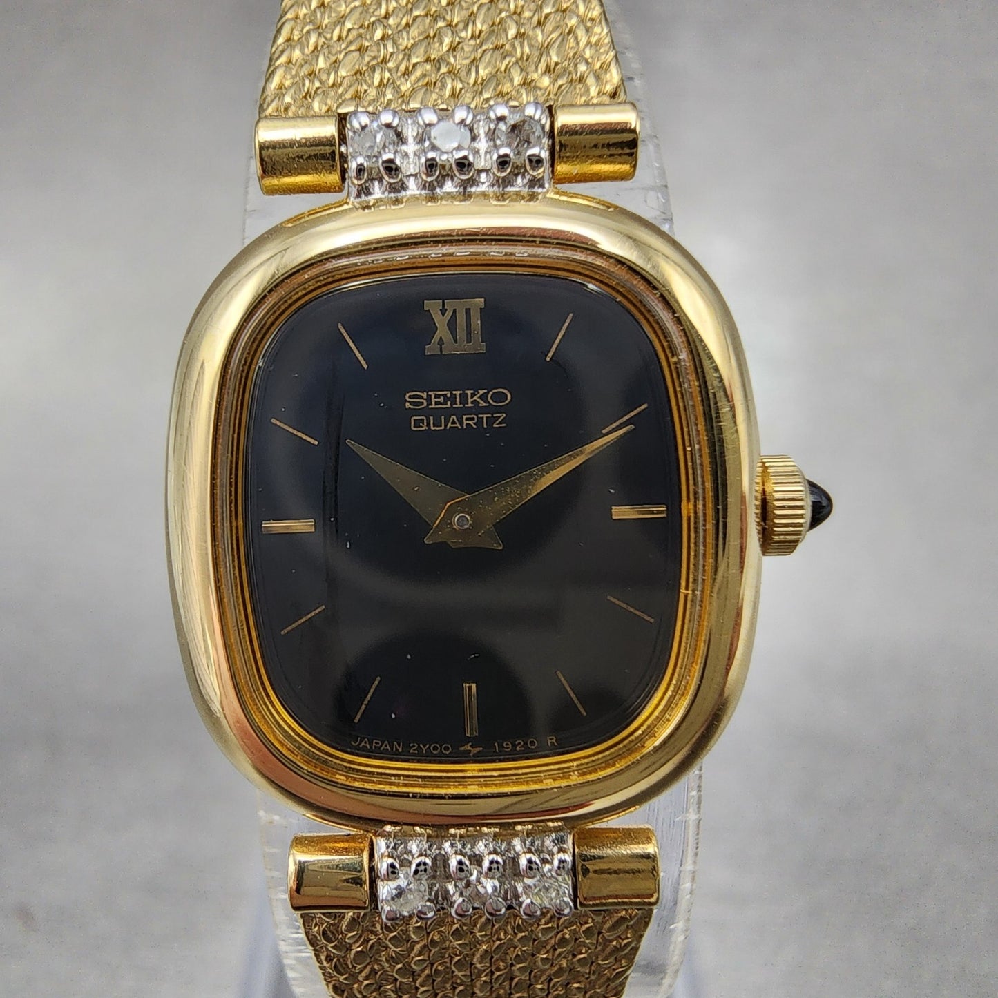Seiko Watch Women 18mm Black Dial Gold Tone Diamond Accent Rectangle New Battery1