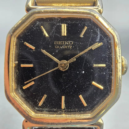Seiko Watch Women 20mm Black Dial Gold Tone Octagon 2C21-5170 New Battery VTG1
