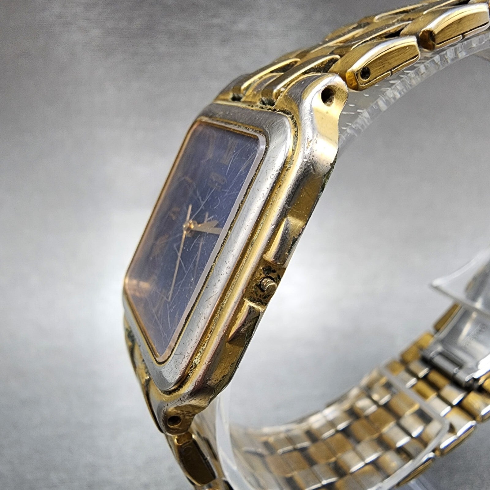 Seiko Tank Watch Men 27mm Blue Dial Gold Tone 7n015009 New Battery READ!!!!!!!!2