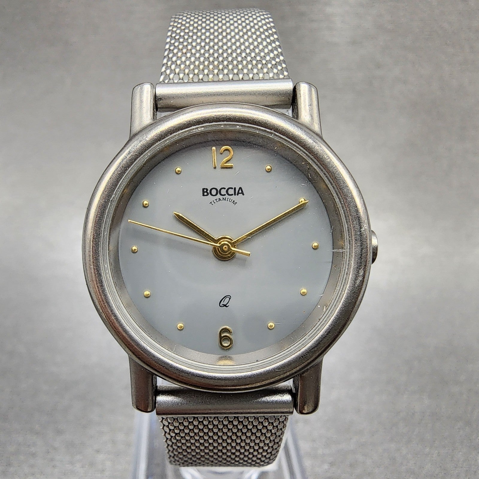Boccia Titanium Watch Women 28mm Gray Dial Gray Tone Round Mesh Band New Battery0