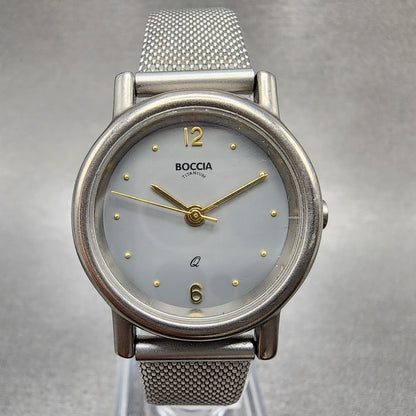 Boccia Titanium Watch Women 28mm Gray Dial Gray Tone Round Mesh Band New Battery0