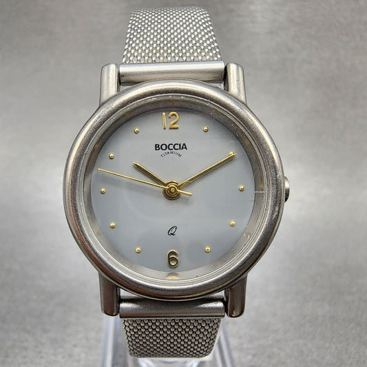 Boccia Titanium Watch Women 28mm Gray Dial Gray Tone Round Mesh Band New Battery0