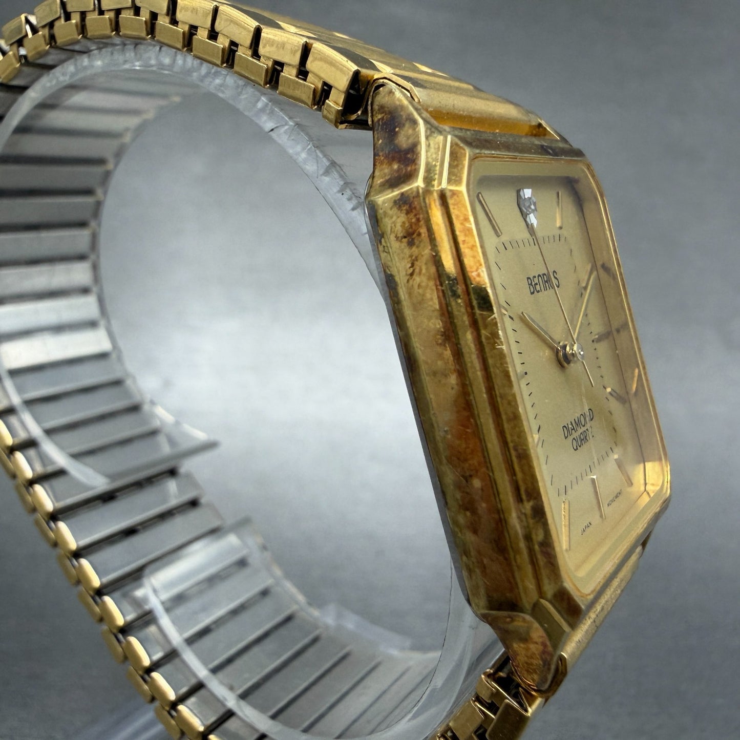 Benrus Tank Watch Men 26mm Gold Dial Gold Tone Octagon New Battery VTG3