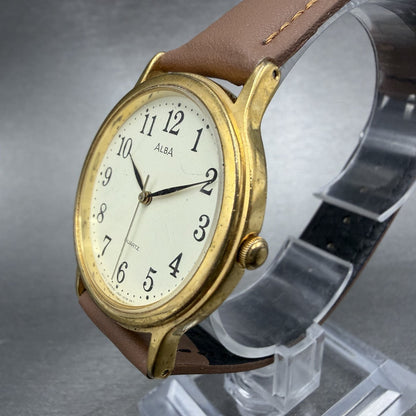 Seiko Alba Watch Men 33mm White Dial Gold Tone Round V501-6K80 New Battery2