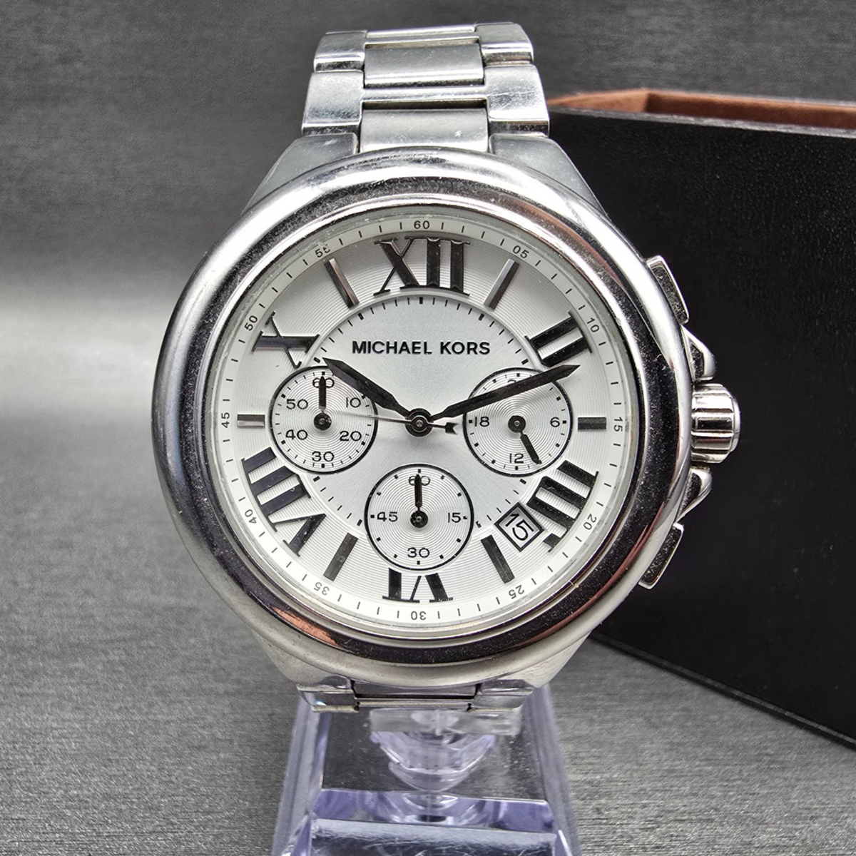 Michael Kors Camille Watch Women 44mm Silver Dial Chrono Date MK5719 New Batt0