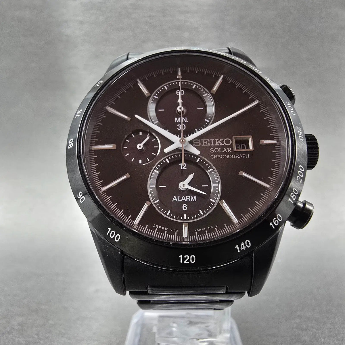 Seiko Spirit Chronograph Watch Men 41mm Black Dial Black Date Solar Alarm Works6