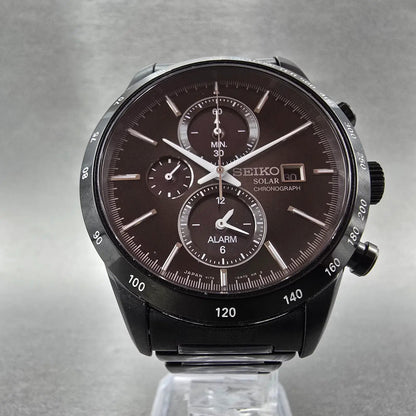 Seiko Spirit Chronograph Watch Men 41mm Black Dial Black Date Solar Alarm Works6