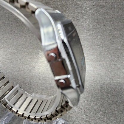 Timex Indiglo Digital Watch Men 36mm Digital Silver Tone Alarm Chrono New Batt