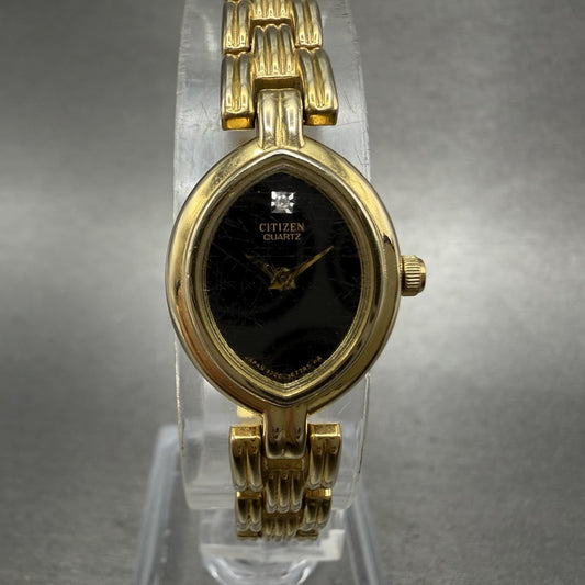 Citizen Watch Women 16mm Black Dial Gold Tone Oval 3220326091 New Battery0