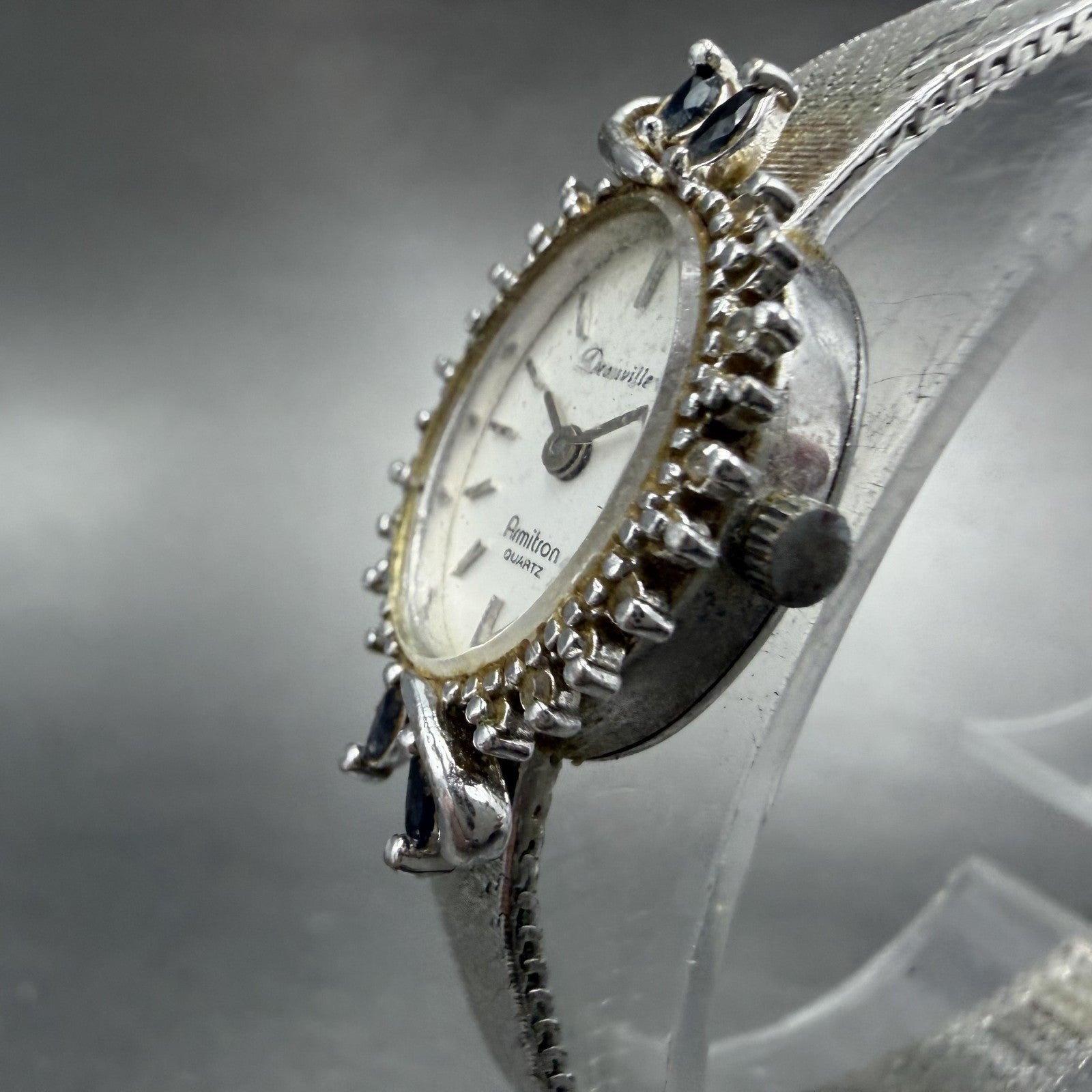Armitron Deauville Watch Women White Dial Silver Tone Blue gems Oval PARTS3